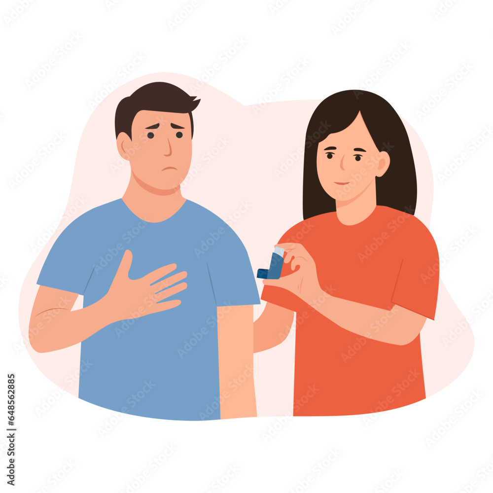 A woman is giving inhaler to  friend with asthma attack. Bronchial asthma diagnosis, treatment and medicine, shortness of breath, respiratory attack, allergy cough. Vector illustration