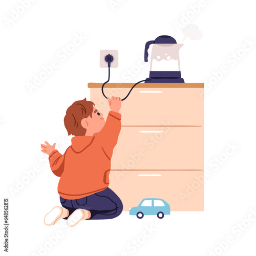 Child playing with electric kettle, house appliance, cable at home kitchen. Careless kid and electricity, voltage, boiling water risks. Flat graphic vector illustration isolated on white background