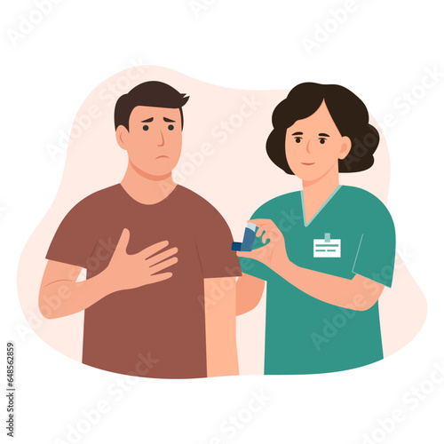 .A doctor is giving inhaler to  patient with asthma attack. Bronchial asthma diagnosis, treatment and medicine, shortness of breath, respiratory attack, allergy cough. Vector illustration.