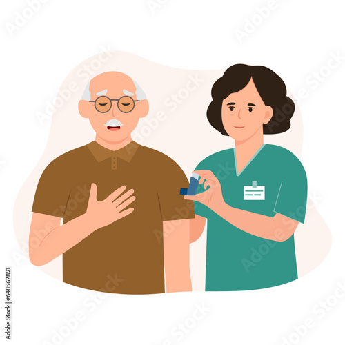 .A doctor is giving inhaler to  patient with asthma attack. Bronchial asthma diagnosis, treatment and medicine, shortness of breath, respiratory attack, allergy cough. Vector illustration.