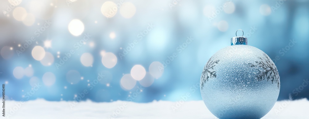 Fototapeta premium christmas ball and christmas decorations on snow background, Christmas day horizontal greeting and invatation banner with copy space for advertisement and other