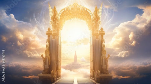 A Majestic Entrance to the Aethereal Paradise: The Grand Heaven's Gate Opening in Ornate Gold Columns