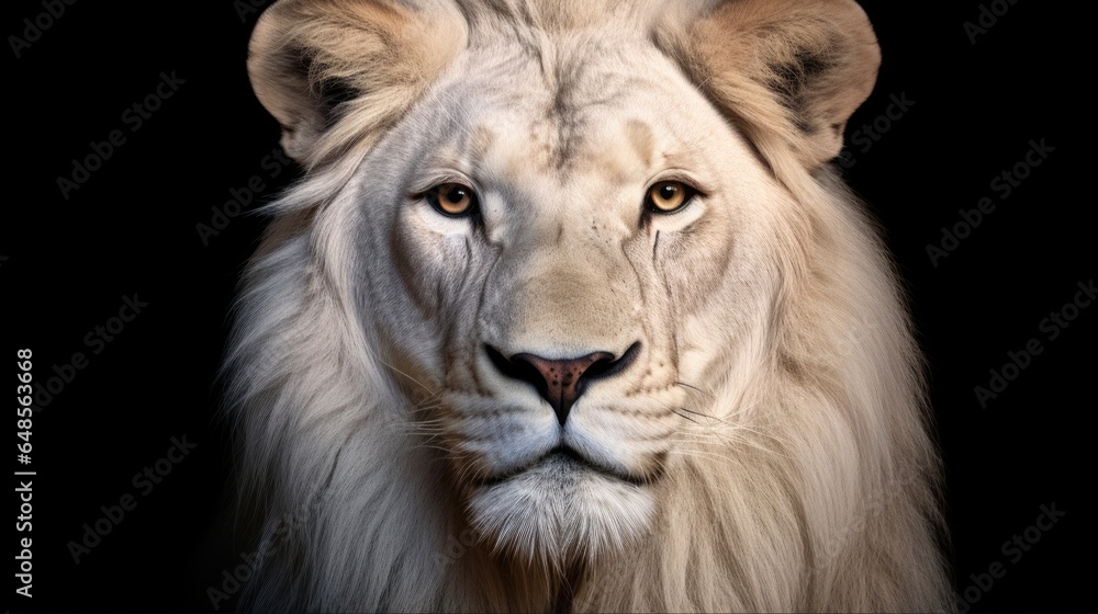 Magnificent King of the Jungle: Portrait of a Majestic White Lion Head on Black Background, Isolated Leo Cat of Africa's Wildlife