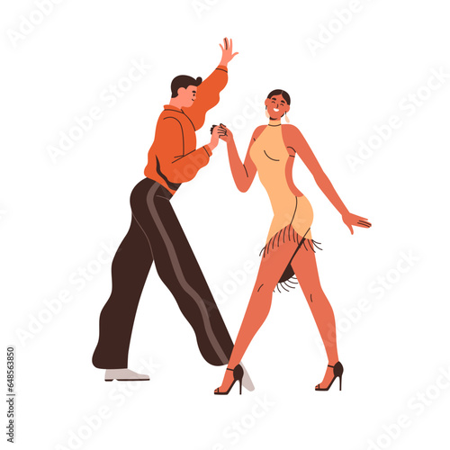 Duet couple dancers dancing samba. Happy Latin woman, man partners performing...