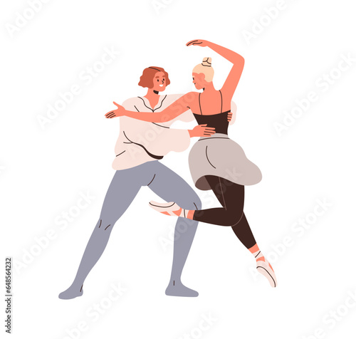 Partner duet ballet dancer. Man and woman couple dancing pas de deux, performing classic movements. Two graceful people moving, jumping. Flat vector illustration isolated on white background