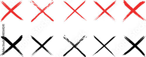 Crosses, prohibition icon, crossed-out space. A set of crossed-out lines in black and red in grunge style. Sloppy hand drawing style