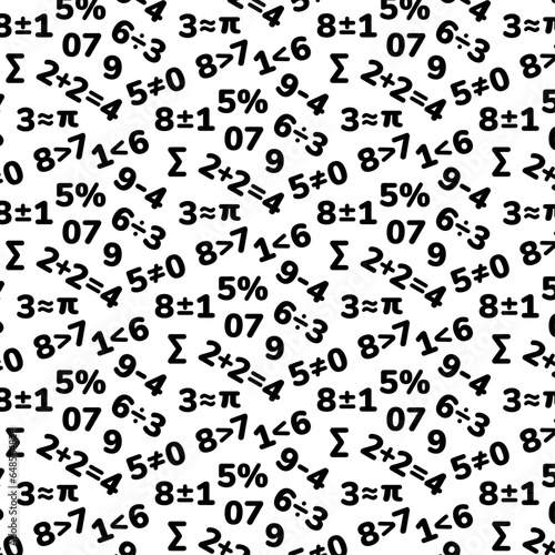 Seamless pattern of numbers and signs in flat style for kids education. Collection of black vector numbers on white background