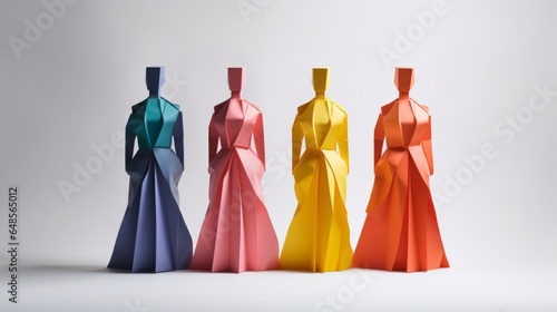 A group of origami people standing in a row, showcasing the art of paper folding