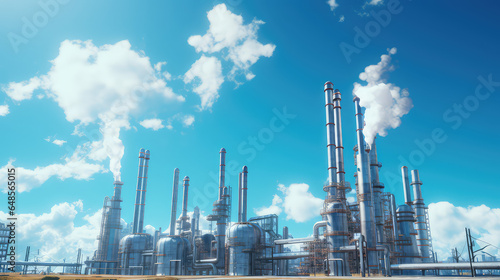 Tall metal smokestacks at an oil refinery, oil production plant, bright blue sky, sunny day, nobody. Creative industrial wallpaper. 