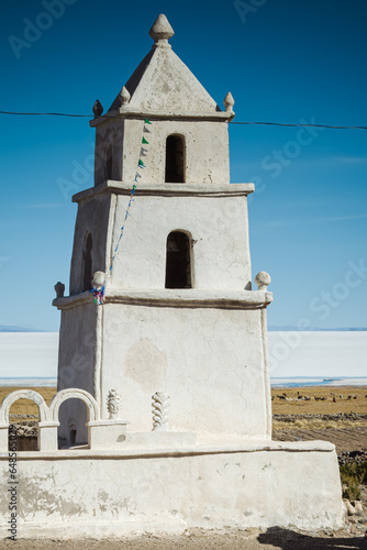 White bell tower of th Chantani church  Uyuni  Bolivia