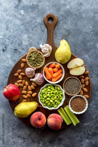 A Top down view of various nutritious plant based foods.