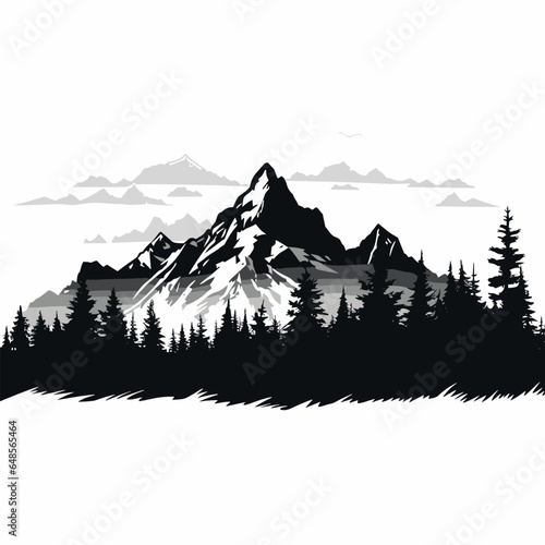 Black and white landscape, panorama of mountains in the morning haze, vector