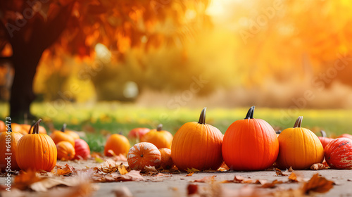 A defocused  colorful  and vibrant ultra-wide panoramic background capturing the essence of autumn. It features blurry pumpkins and falling autumn leaves in a park setting  forming a border of orange 