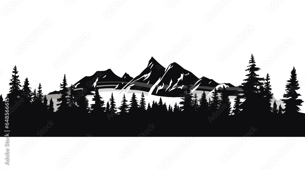 Black and white landscape, panorama of mountains in the morning haze, vector illustration