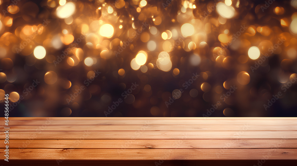 An empty wooden tabletop set against the blurred, golden bokeh of a cafe or restaurant with a dark background, creating an atmospheric and inviting scene.