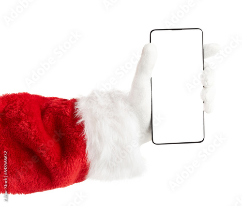 Santa hand holding phone with empty screen. Isolated on white background. Christmas concept.