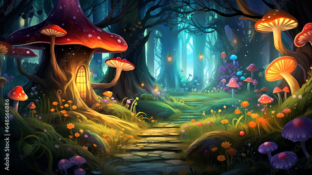 An enchanted forest from a fantasy tale, aglow with the soft illumination of fireflies dancing among the trees. This picturesque setting, resembling a whimsical cartoon landscape, features an array of An enchanted forest from a fantasy tale, aglow with the soft illumination of fireflies dancing among the trees. This picturesque setting, resembling a whimsical cartoon landscape, features an array of