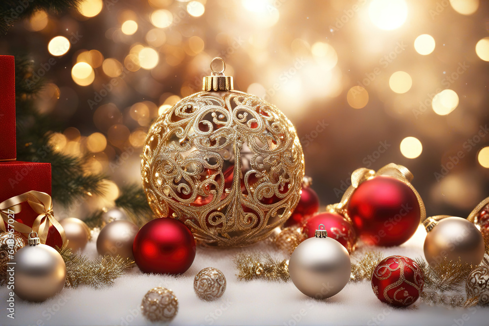 Christmas background with shiny balls, with blurred bokeh lights. Christmas background with shiny balls, with blurred bokeh lights.