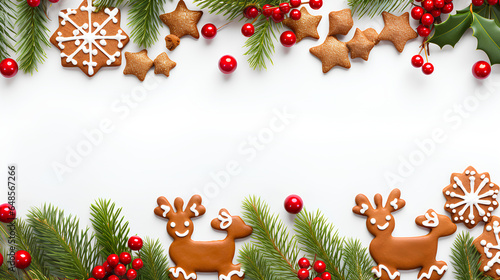 A festive Christmas border in a banner format, featuring green fir branches adorned with ginger Christmas glazed cookies shaped like blue mittens and snowflakes, as well as red berries. 