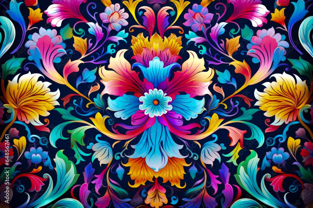 Seamless floral pattern with colorful flowers and leaves on dark background