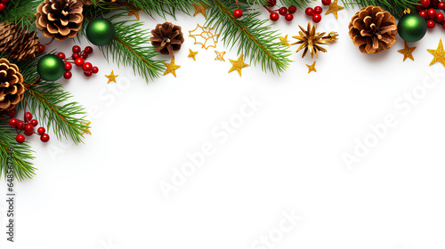 Festive Christmas border, isolated on white background. Fir green branches are decorated with gold stars, fir cones and red berries. Close-up, copy space 