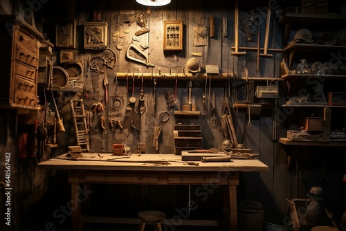 Scene of a workshop with vintage tools hanging on the wall and a tool shelf next to a table and wall. Generative AI