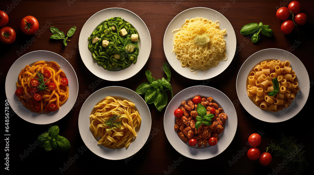 Various pastas on plates on a table, top view, creative concept for italian week in restaurant. Big assortment of pasta in menu. Various pastas on plates on a table, top view, creative concept for italian week in restaurant. Big assortment of pasta in menu.