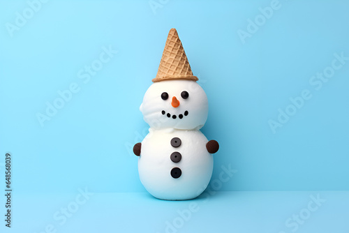 Snowman ice cream on light blue background. Crispy cone hat on soft serve vanilla ice cream. Christmas holiday concept, new year party or special event