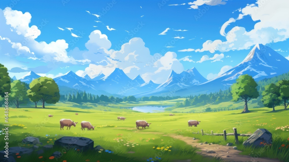 A beautiful clearing with grazing animals game art - obrazy, fototapety, plakaty 