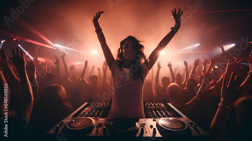 A female DJ performing in a nightclub while people dance to electronic music, techno, or rave tunes under the mesmerizing glow of laser spotlights. The nightclub's crowd energetically dances with thei