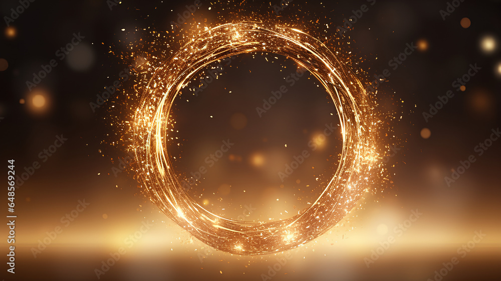 Gold sparkling light circle with shimmering particles with glare flare effect. Christmas and New Year background, abstract golden glittery confetti ring frame with magic glowing shimmer sparkle trail Gold sparkling light circle with shimmering particles with glare flare effect. Christmas and New Year background, abstract golden glittery confetti ring frame with magic glowing shimmer sparkle trail