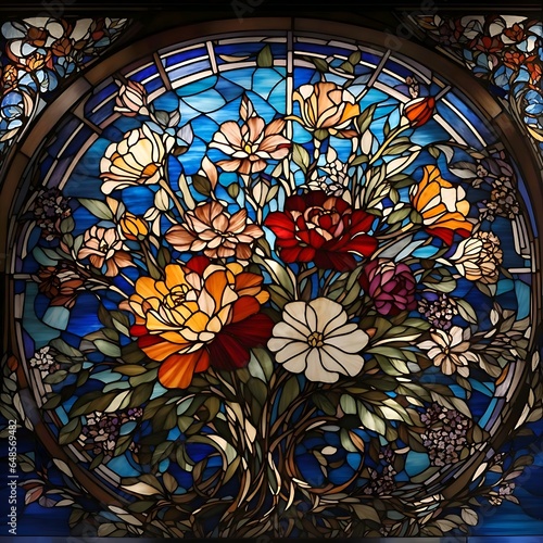 Stained Glass with Colorful Flowers