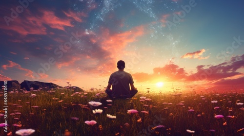 Man relax and meditate on grass field flower on sunset sky.  © ant