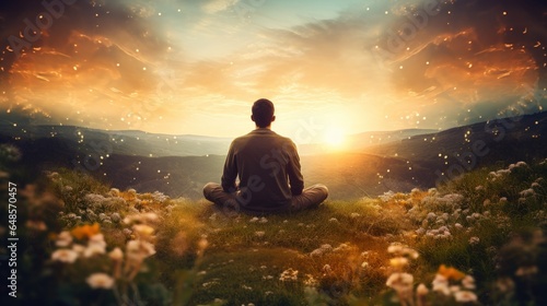 Man relax and meditate on grass field flower on sunset sky. 