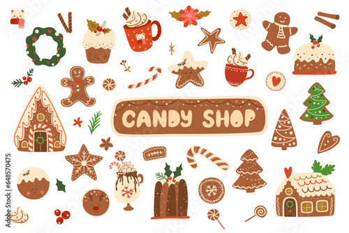 Christmas cooking set. Baked gingerbread cookies, house, hot winter holiday drinks, pudding, dessert, candy cane. Vector winter holiday food clip art, stickers, greeting card, party invitation, poster