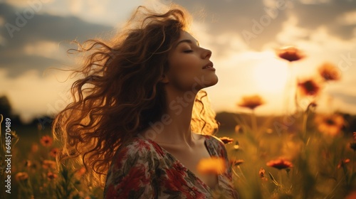 Beautiful woman relax on grass field flower on sunset sky  © ant
