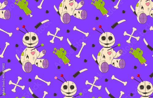 Colorful background for Halloween with voodoo doll. Scary doll with stilettos in retro cartoon style. Trendy, festive background.