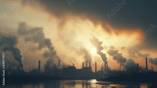 A factory emitting smoke at sunset