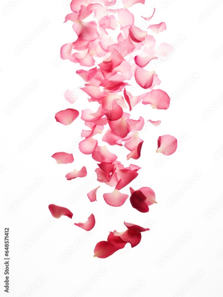 Falling in the air small rose petals isolated on white background