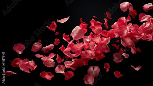 Falling in the air small rose petals isolated on black background