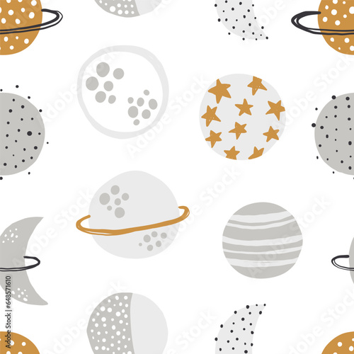 Vector hand-drawn seamless repeating color simple flat pattern with different planets on a white background. Seamless pattern with planets. Space. Mars, Saturn, the moon. Asteroid, meteorite, comet.