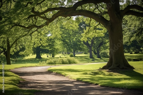 Green Landscape of Veterans Park: A Serene Pathway through Trees and Foliage on a Sunny Day photo