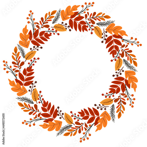 Round frame of autumn leaves and berries.