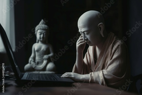 Buddha working laptop space. Generate Ai