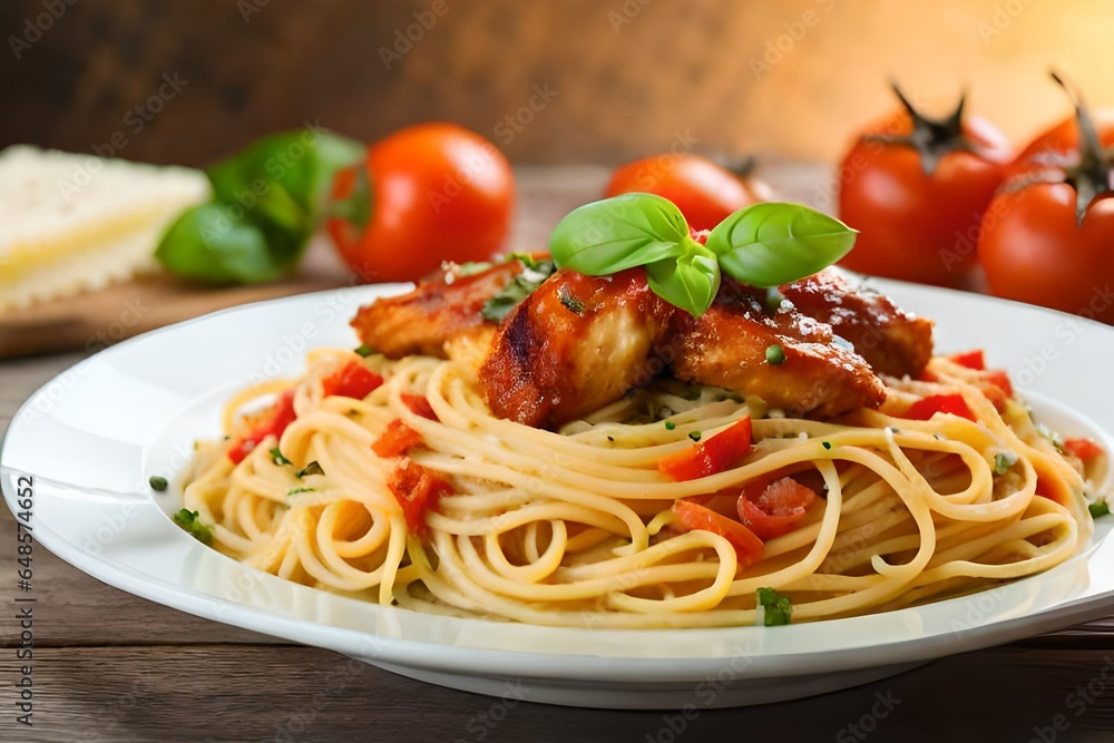 Chicken Spaghetti Pasta with Fresh Basil Low Angle Photo Chicken Spaghetti Pasta with Fresh Basil Low Angle Photo