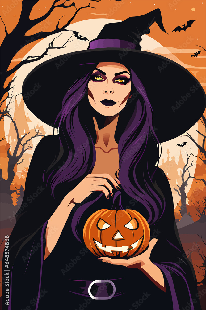 Halloween Witch with Hat Vector Art Illustration Halloween Witch with Hat Vector Art Illustration