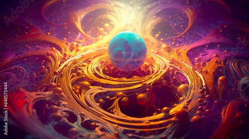 Beautiful blue glowing pearl l in a luxury flow of gold and purple fluid. Fantasy planet, earth being born from motion, liquid and beauty. Unique creation, background for esoteric background, banner.