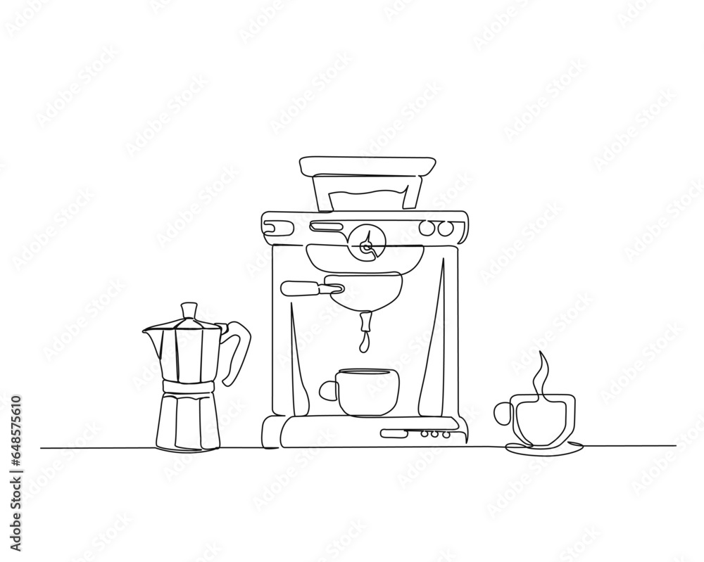 Continuous one line drawing of coffee maker machine with moca pot and cup of coffee. Coffee