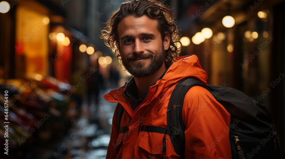 young handsome man in a jacket with a backpack on a city background. young handsome man in a jacket with a backpack on a city background.