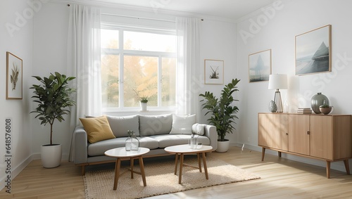 A living room with a modern sense. A view with a sofa and a frame, with an autumn atmosphere, and a neat picture of the interior of the apartment. Generative AI © ailooo k